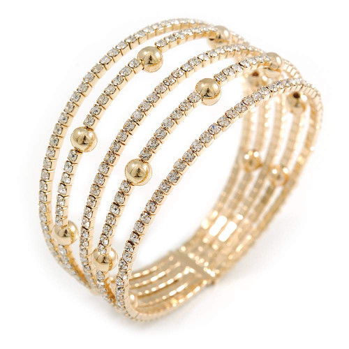 Avalaya Delicate 5 Row Clear Crystal Flex Cuff Bracelet With Gold Tone Ball Bead - Adjustable