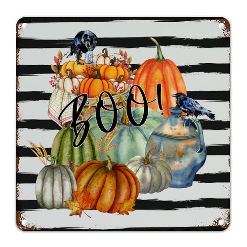 Stripes Farmhouse Halloween Pumpkin Crow Boo Metal Wall Sign October 31 Fun Halloween Aluminum Art Signs Funny Fall Decor Halloween Vintage Metal Sign Poster for Laundry Room Living Room 12x12in