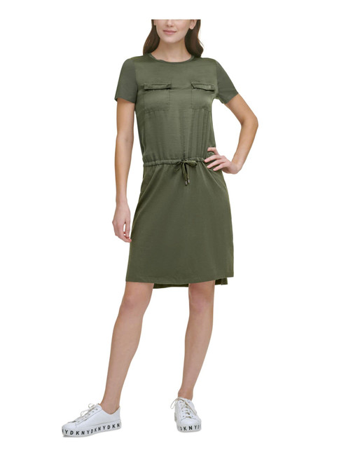 DKNY Womens Green Slitted Pocketed Drawstring Short Sleeve Crew Neck Above The Knee Shift Dress M