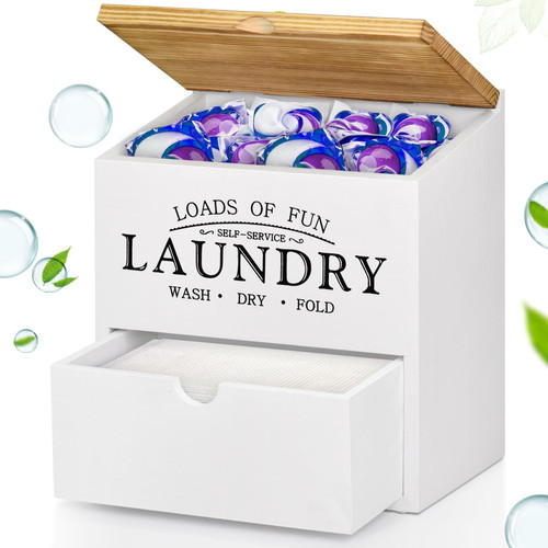 Dryer Sheet Container for Laundry Room Organization, Laundry Pods Container with Lid and Drawer, Laundry Detergent Dispenser Organizer Box, Wood Dryer Sheet Holder for Laundry Room Decor (White)