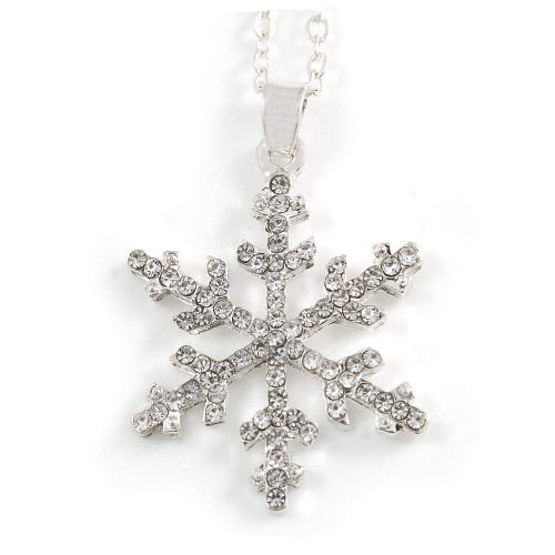 Avalaya Christmas Clear Snowflake Pendant with Silver Tone Chain - 40cm L/ 5cm Ext