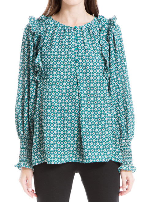 Max Studio Women's Smocked Long Sleeve Shoulder Detail Blouse, Teal Daisy Cube, Large