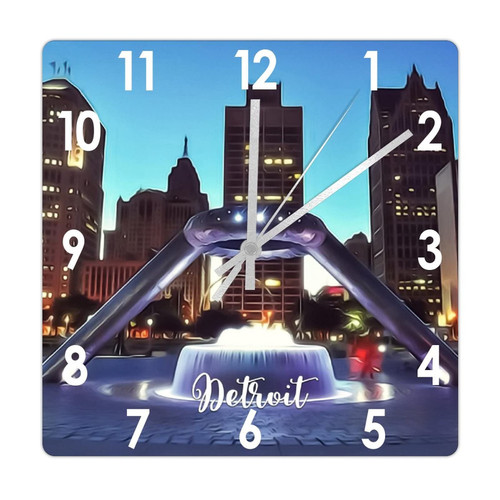 Augwed Detroit City Skyline Landscape Clock American Michigan Detroit Square Wood Clocks Silent Non Ticking Battery Operated Wall Clock Wall Decor 12inch Clock for Laundry Room Bedroom