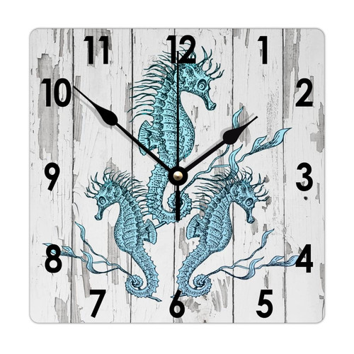 Augwed Beach Scene Ocean Theme Clock Sea Animal Turtle Octopus Crab Seahorse Fish Square Wood Clocks Silent Non Ticking Battery Operated Wall Clock Wall Decor 12inch Clock for Laundry Room Bedroom