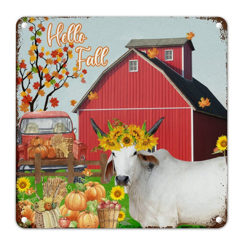 First Thanksgiving Metal Signs Hello Fall Farm Sunflower Pumpkin Cow Metal Tin Sign Autumn Vintage Metal Sign Poster for Laundry Room Living Room 12x12in Thanksgiving Gift New Home Gift