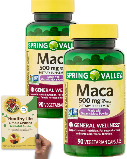 Spring Valley Maca Dietary Supplement Organic 500mg, 90 Veg. Capsules (Pack of 2) - Root Extract for General Wellness, Hormonal Function - Bundle with 'Healthy Life, Simple Choices: Guide' (3 Items)