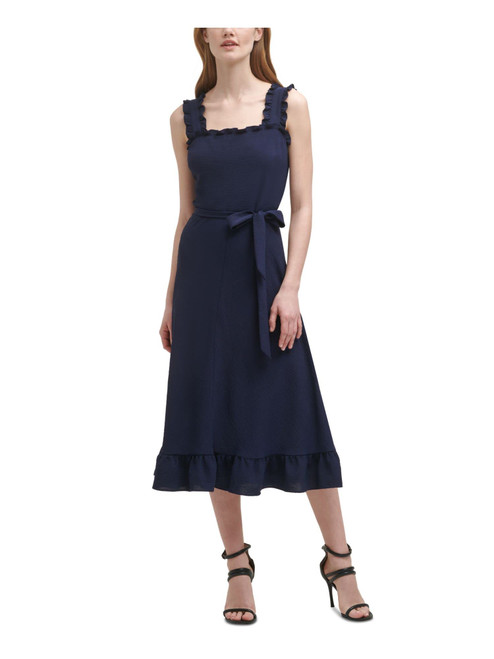 DKNY Womens Navy Zippered Belted Ruffled Sleeveless Square Neck Midi Wear to Work Fit + Flare Dress 12