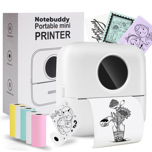 Notebuddy Mini Portable Printer, Bluetooth Smart Pocket Inkless Thermal Printer with 5 Roll Papers for Journal/DIY Scrapbook/Travel/Notes/Lists/Label/Memo, Receipt Printer for iOS&Android