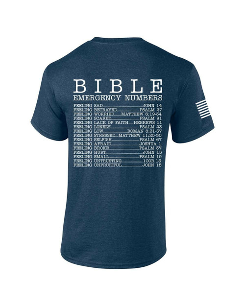 Mens Christian Bible Emergency Numbers Scripture Short Sleeve T-Shirt Graphic Tee-Heather Navy-4xl