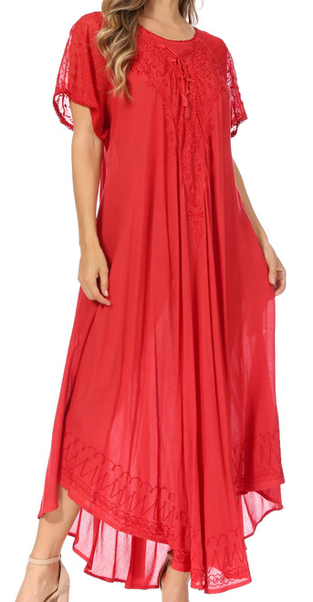 Sakkas 16603 - Egan Long Embroidered Caftan Dress/Cover Up with Embroidered Cap Sleeves - P-Red - OS