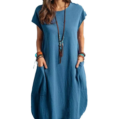 micidad Women's Tunic Shirt Dress Oversized Baggy Linen Dress Casual Loose Midi Dresses with Pockets XXL (Blue-Short)