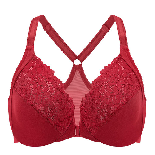 DELIMIRA Women's Front Closure Plus Size Full Coverage Lace Underwire Racerback Bra Dark Red 40C