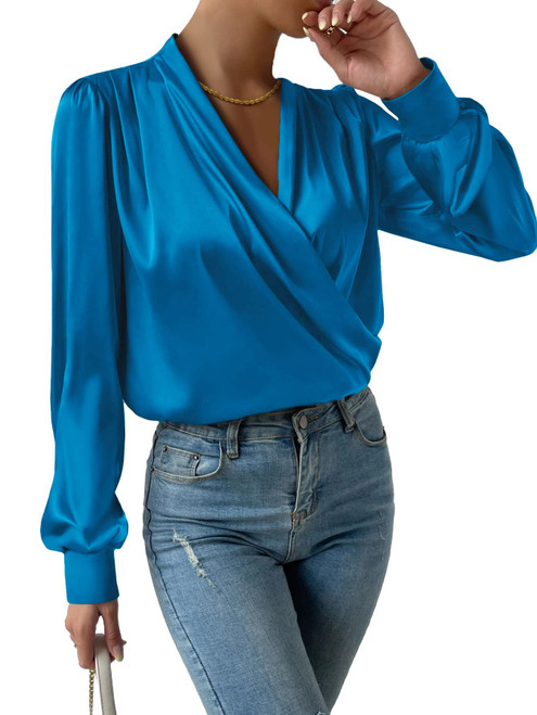Vrtige Women's Satin Silky Draped Wrap V Neck Ruched Long Sleeve Blouse Shirt Top Royal Blue Small