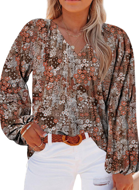Eytino Plus Size Tops for Women V Neck Long Sleeve Boho Floral Print Chiffon Blouses Shirts,2X Multicolor