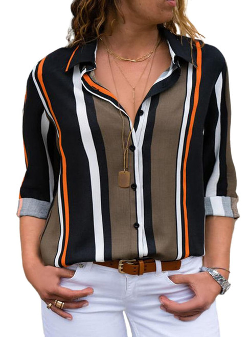 Eytino Women Plus Size V Neck Striped Button Down Long Roll Up Sleeve Loose Casual Blouses Shirts Tops,3X Black