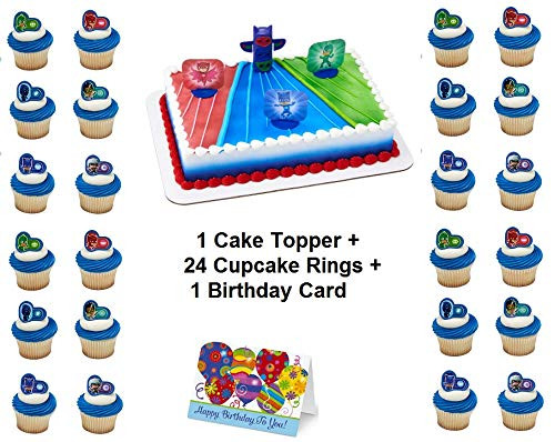 PJ MAKS HEROES AND VILLIANS Cake Topper Set Cupcake 24 Pieces plus Birthday Card