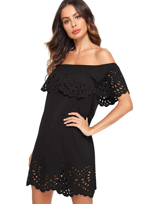 Floerns Women's Off Shoulder Ruffle Loose Tunic Shift Dress Black New S