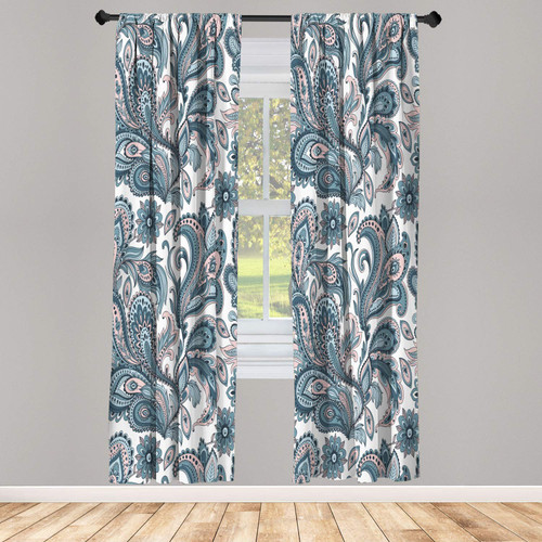 Ambesonne Paisley Window Curtains, Ethnic Swirly Flowers Leaves Floral Pattern Bohemian Style Country Print, Lightweight Decorative 2-Panel Set & Rod Pocket, Pair of - 28" x 63", Blue Grey Pale Rose