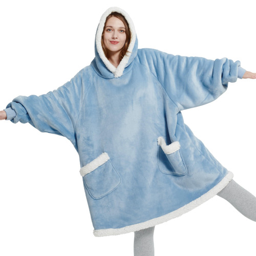 Bedsure Wearable Blanket Hoodie with Sleeves - Sherpa Hooded Blanket Adult as Warm Gifts for Girlfriend Women Mom, Winter Sweatshirt Blanket with Giant Pocket (Small, Sky Blue)