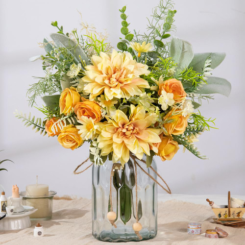 LESING Artificial Flowers in Vase, Silk Faux Flowers Arrangement Rose Hydrangea Bouquets with Vase Daisy Rustic for Kitchen Centerpiece Table Decoration (Dahlia-Yellow)
