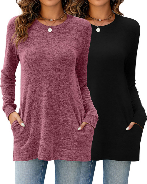 Riyiper 2 Pcs Women's Casual Long Sleeve Sweatshirts Crewneck Pullover Shirts with Pockets Side Slits Fall Tunic Tops (Black, Red,Medium)