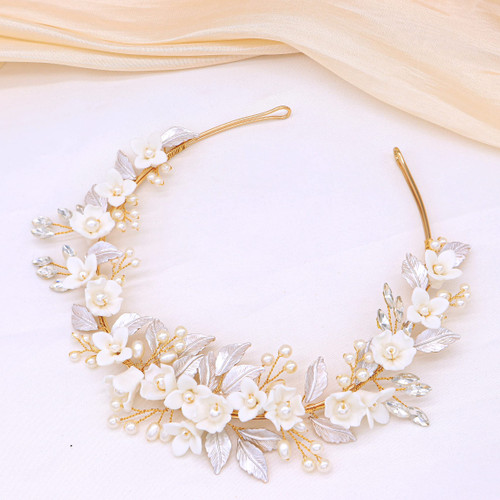 Oriamour Gold Bridal Headbands Wedding Headpieces With Ceramic Flowers Wide Pearl Wedding Hair Accessories For Women And Girls