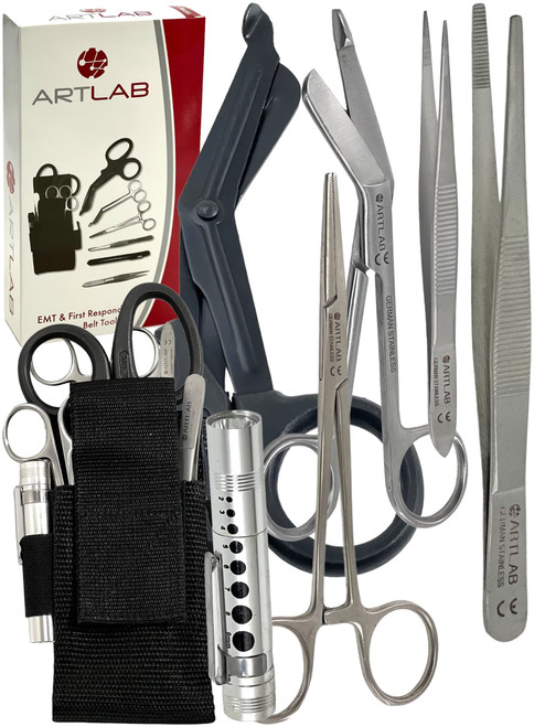 German-EMT First Responder Medical Tool Set of 6-Adjustable Nylon Belt Pouch-EMT Shear 7.25" Bandage Scissor 5.5" Forcep 5.5"+4.5" Hemostat 5.5" Pen Light-Paramedic Nurses Emergency Responders kit