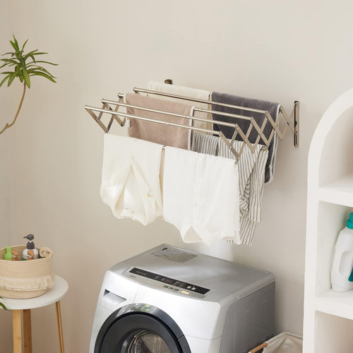 YOUDENOVA Wall Mounted Clothes Drying Rack for Laundry, Foldable Clothing Drying Rack with 7 Rods, Accordion Retractable Laundry Drying Rack Airer Rail Folding Indoor for Bathroom, Silver, 17"-31" in