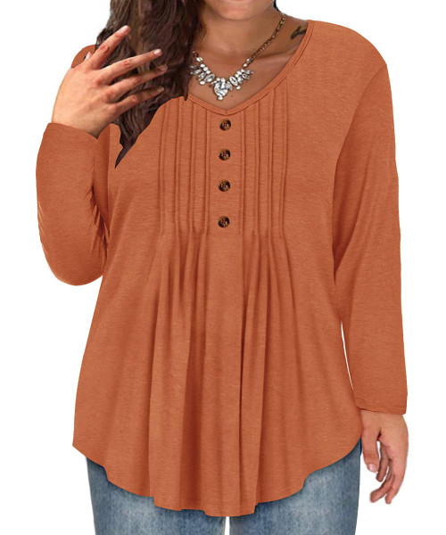 TIYOMI Women's Plus Size Flowy Tops Rust Long Sleeve Blouse 3X Orange Pleated Front Button Shirts Detail Swing V Neck Dressy Shirts Loose Fit Tee Autumn Winter Tunics 3XL 22W 24W
