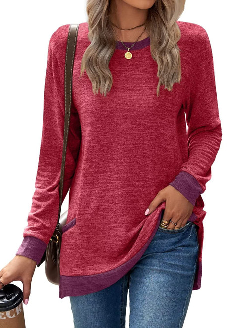 WELINCO Women's Long Sleeve Loose Casual Fall Pullover Side Split Tunic Tops with Pockets Red Large
