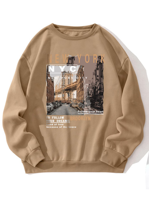 GORGLITTER Men's Letter Graphic Sweatshirt Casual Crew Neck Sweatshirt Long Sleeve Pullovers Top Khaki Medium