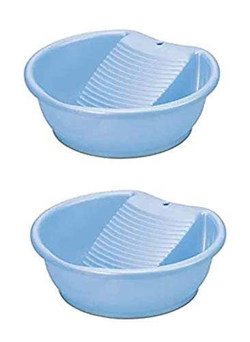 JapanBargain, Japanese Laundry Tub Basin with Washboard Laundry Board for Hand Wash Clothes Made in Japan, Plastic, Blue (2)