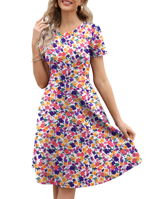 HELYO A-Line Dresses for Women Office Professional Elegant Summer Cotton Work Party Floral Print Casual Dress with Pockets 162 Purple Yellow M