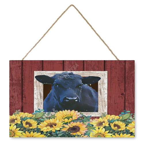 Wooden Signs, Rustic Sunflower Farmhouse Animal Watercolor Cow Sign Plaque Pianted Quote Home Decor Farmhouse Garden Outdoor Wall Art 12"x18",