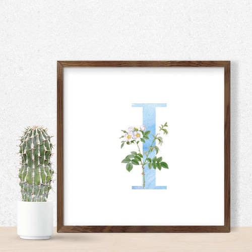 Rustic Framed Wall Art Sign Blue Monogram Initial Letter I Artwork Decoration for Window Vintage Custom Wooden Plaque Sign White Roses Floral Spring Laundry Wall Decor Sign Gift 7x7in