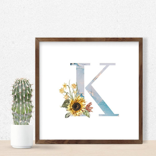 Blue Monogram Initial Letter K Framed Wall Art Sign Wall Art Decoration Rustic Sunflower Rose Floral Spring Signs Cute Wood Sign Plaque for Laundry Kitchen Outdoor 7x7in
