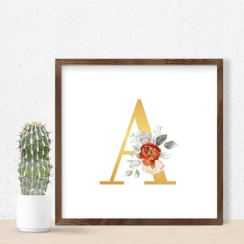 Monogram Gold Glitter Initial Letter A Wood Framed Sign Rustic Decor Inspirational Flowers Monogram Name Signs Custom Wood Wall Sign for Shelf Laundry Pantry 7x7in
