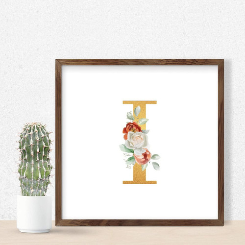 Monogram Gold Glitter Initial Letter I Framed Wooden Sign Family Wall Art Decor Farmhouse Greenery Red White Plants Signs Family Established Wood Sign for Offices Laundry Cottage 7x7in