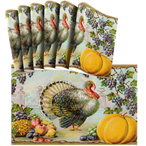 Naanle Holiday Placemats Set of 6, Thanksgiving Turkey Pumpkin Non Slip Heat-Resistant Washable Table Place Mats for Kitchen Dining Table Home Decoration, 12" x 18"