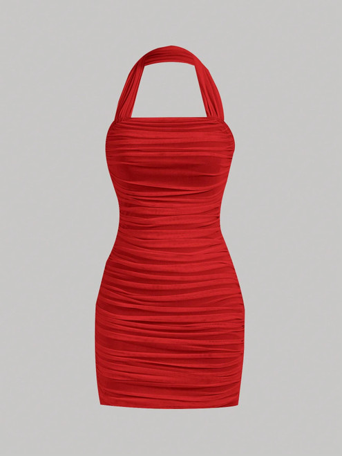 EAGLEG Halterneck Backless Ruched Mesh Bodycon Dress Women Summer Casual Sleeveless Dress (Color : Red, Size : S)