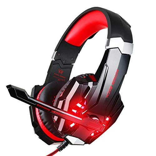 BlueFire Stereo Gaming Headset for PS4, PC, Xbox One Controller, Noise Cancelling Over Ear Headphones with Mic, LED Light, Bass Surround, Soft Memory Earmuffs for Laptop Nintendo Switch (Black-Red)