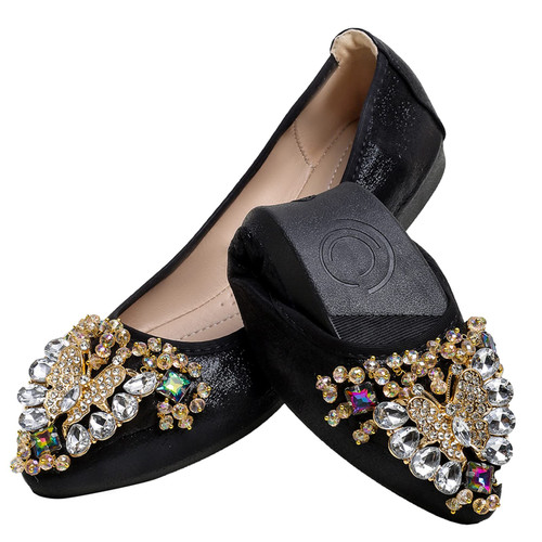 Black Flats Shoes for Women Bow Rhinestone Pointed Toe Wedding Flats - Foldable Ballet Flat Slip on Flats for Women Dress Comfort - Size 12