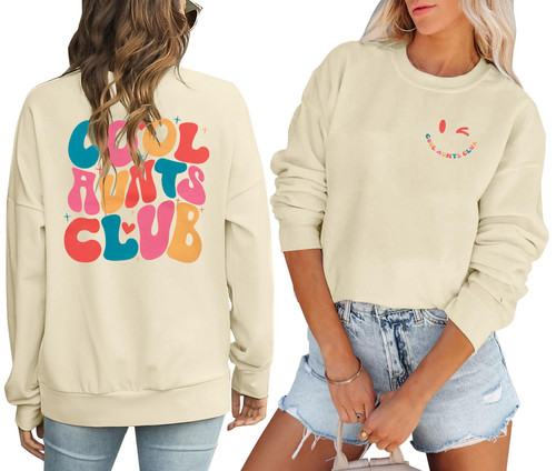 ASTANFY Women Aunt Sweatshirt Cool Aunts Club Crewneck Sweatshirt Auntie Smile Letter Print Pullover Top for Aunt Gift Apricot ASTANFY Women Aunt Sweatshirt Cool Aunts Club Crewneck Sweatshirt Auntie Smile Letter Print Pullover Top for Aunt Gift Apricot