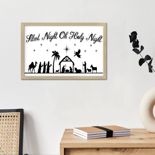 Silent Night Oh Holy Night Wall Art Decorative Framed Wooden Signs Rustic Nativity Cross Scene Signs Decorative Wooden Sign for Laundry Table Front Porch 8x12in