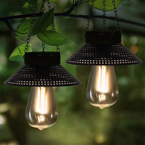 pearlstar Solar Lantern Outdoor Hanging Light,2 Pack Waterproof Decorate Metal Solar Lamp with Warm White Edison Bulb Design for Garden Yard Patio Proch Fence Decor(Black)