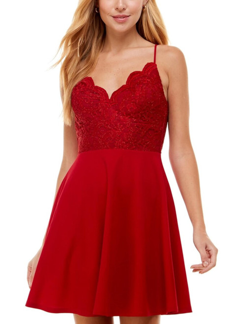 City Studio Womens Red Lace Glitter Zippered Scalloped Sleeveless V Neck Short Party Fit + Flare Dress Juniors 3
