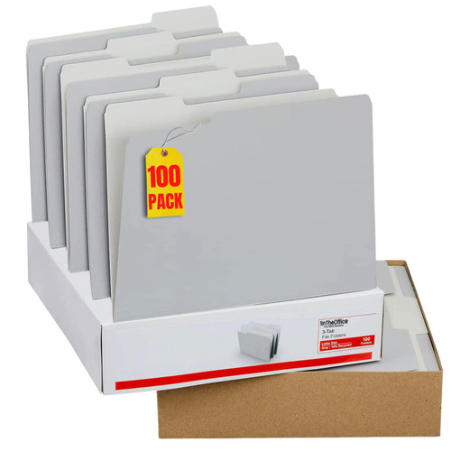 1InTheOffice Gray File Folders Letter Size, File Folders with Tabs, Filling Folders, 1/3 Cut Tab, 100 /Pack