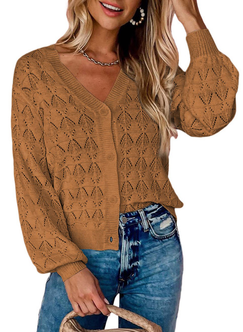 Dokotoo Cropped Cardigans for Women 2023 V Neck Button Down Crochet Cardigan Sweater Jacket Long Sleeve Hollow-Out Casual Loose Bolero Sweater Brown Tops Medium