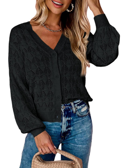 Dokotoo Cropped Cardigans for Women 2023 V Neck Button Down Crochet Cardigan Sweater Jacket Long Sleeve Hollow-Out Casual Loose Bolero Sweater Black Tops Medium