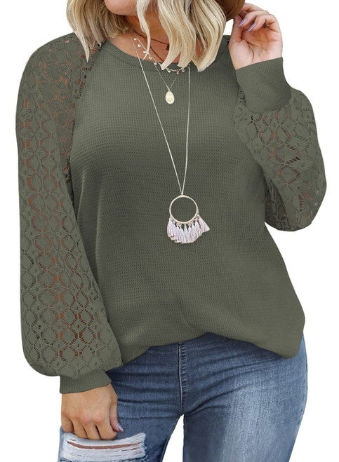 Eytino Plus Size Tops for Women Casual Round Neck Lace Long Sleeve Pullover Tops Shirts,1X Green
